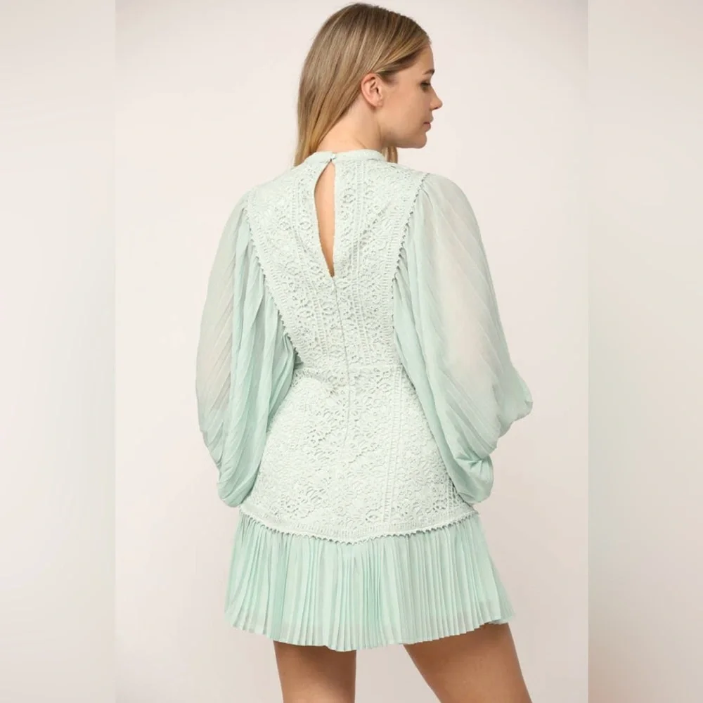 Pleated Volume Sleeve Lace Mini Dress|Statement Long Sleeve Party Dress|S–M - Picture 11 of 12